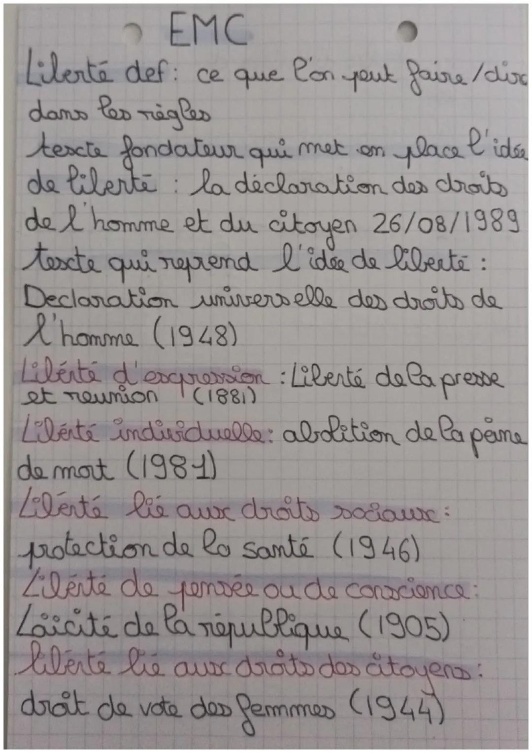 - EMC
- Liberté def: ce que l'on yout faire/dire
dans les règles
- tescte fondateur qui met on place l'idée
de liberte la déclaration des dr
