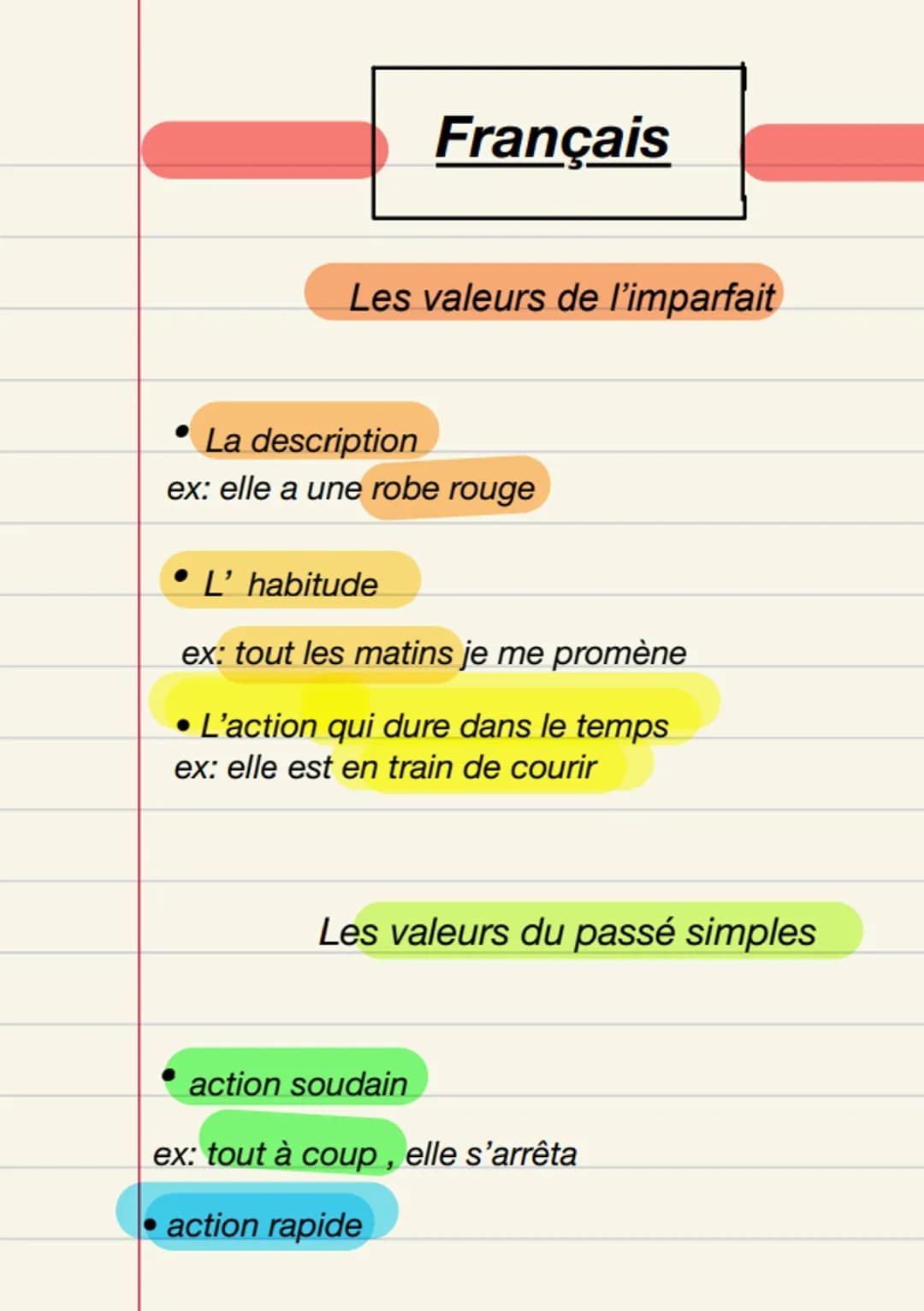 Français
Les valeurs de l'imparfait
La description
ex: elle a une robe rouge
L' habitude
ex: tout les matins je me promène
• L'action qui du