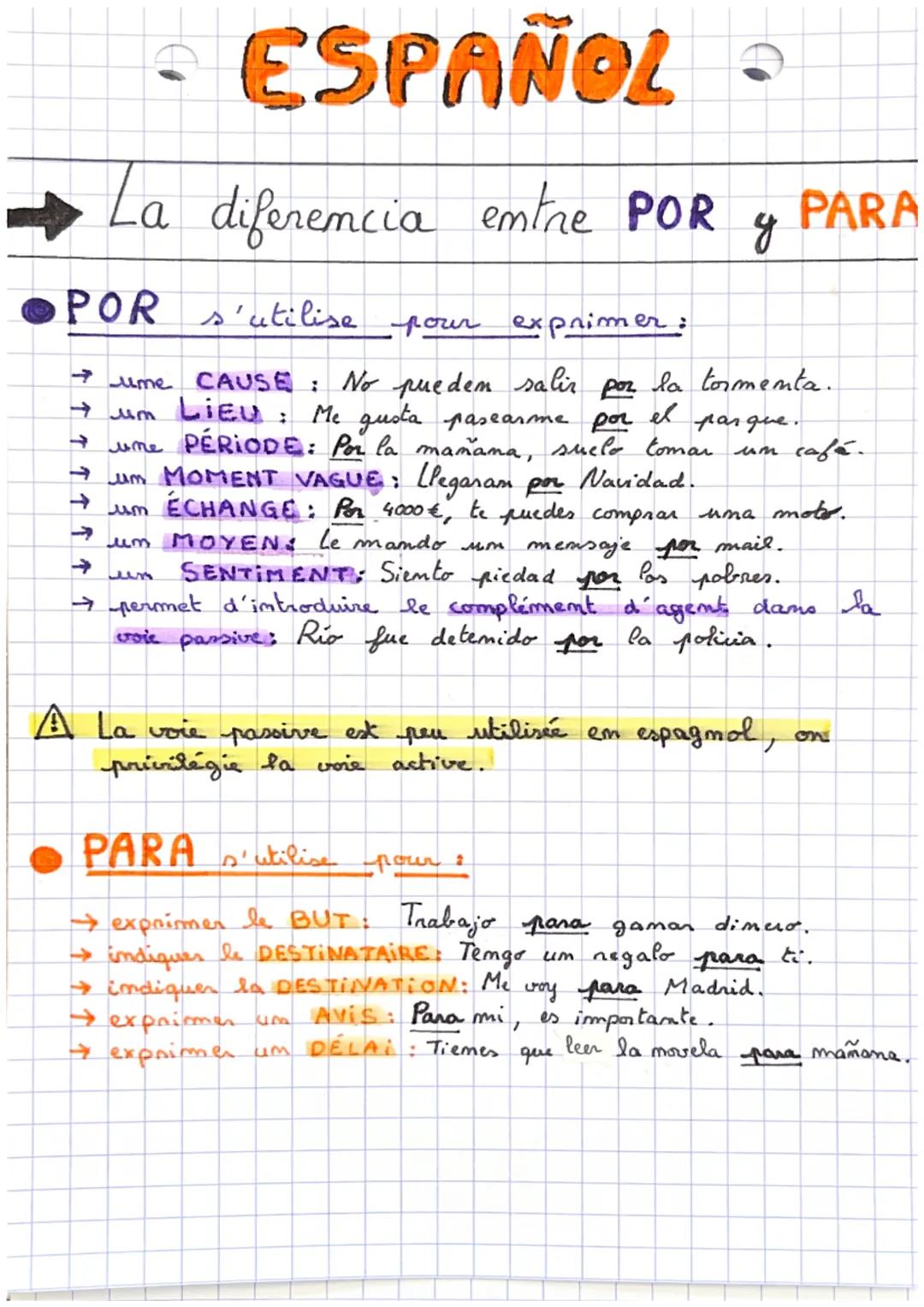 ESPAÑOL
➡La diferencia entre POR
д
POR s'utilise pour exprimer:
ume CAUSE: No pueden salir por la tormenta.
→ um LIEU : Me gusta pasearme po