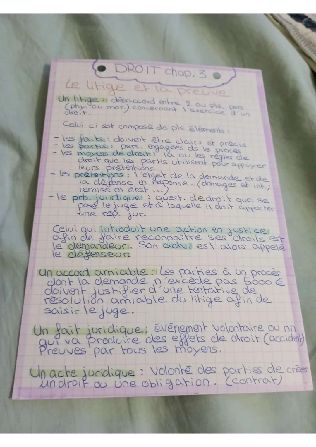 DROIT chap. 3.
Le litige et la preuve
Un litige: désaccord entre 2 ou pls pers
(phy. ou mor.) concernant l'exercice d'un
droit.
Celui-ci est