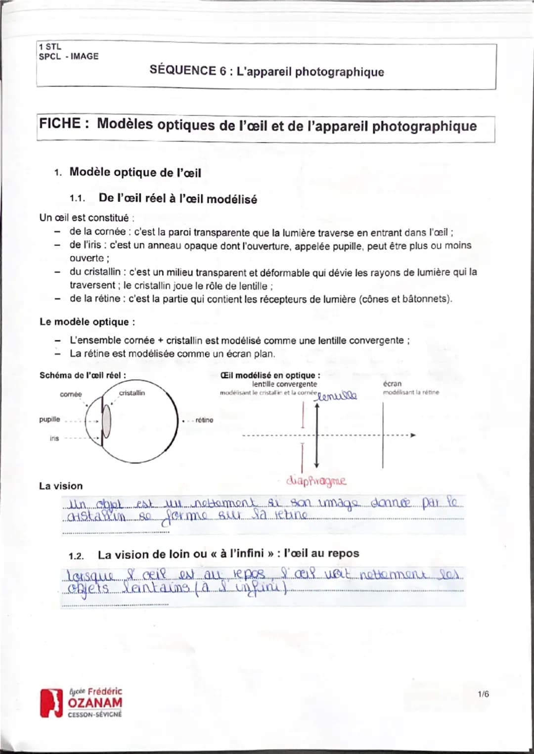 1 STL
SPCL IMAGE
SÉQUENCE 6 : L'appareil photographique
FICHE: Modèles optiques de l'œil et de l'appareil photographique
1. Modèle optique d