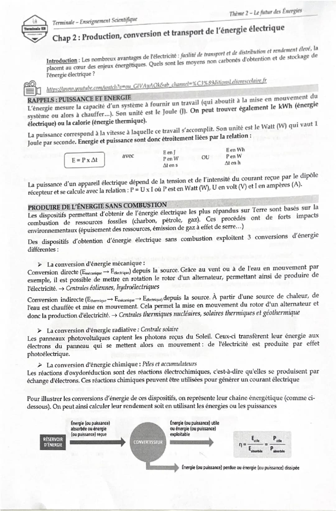 --- OCR Start ---
Terminale - Enseignement Scientifique
Terminale ES
Thème 2 - Le futur des Énergies
Chap 2: Production, conversion et trans