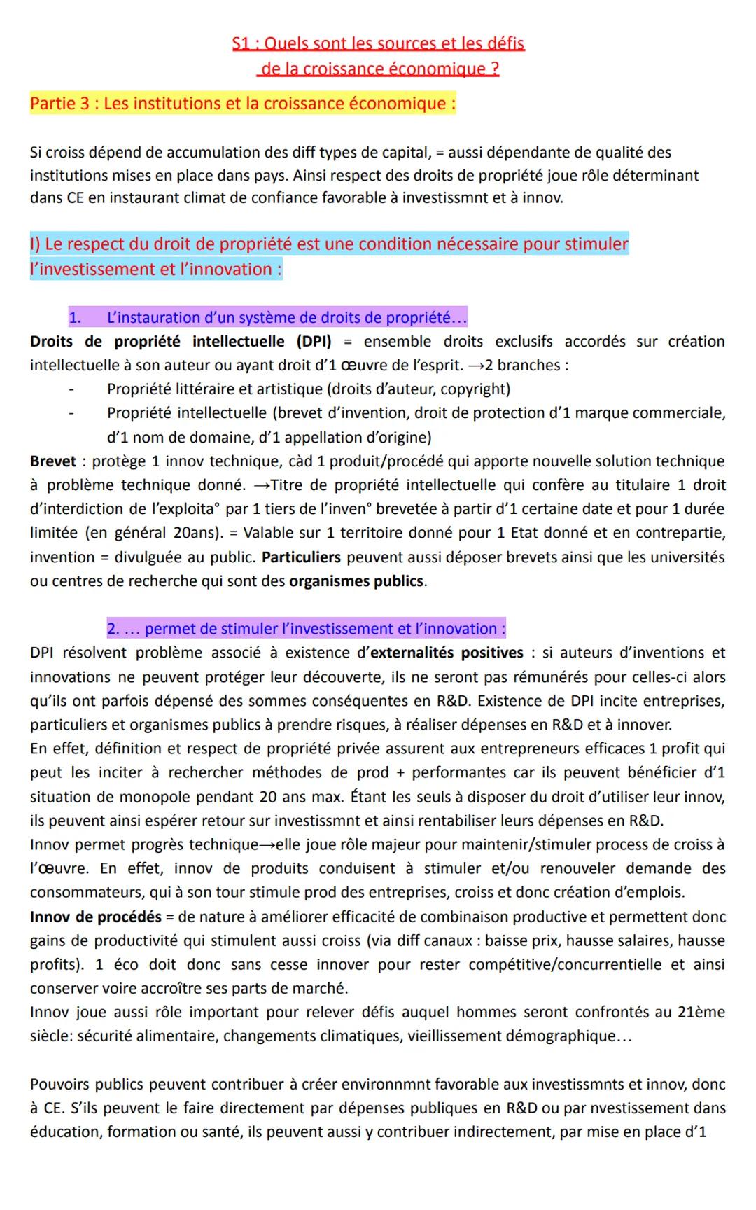 S1: Quels sont les sources et les défis
de la croissance économique ?
Partie 3: Les institutions et la croissance économique :
Si croiss dép