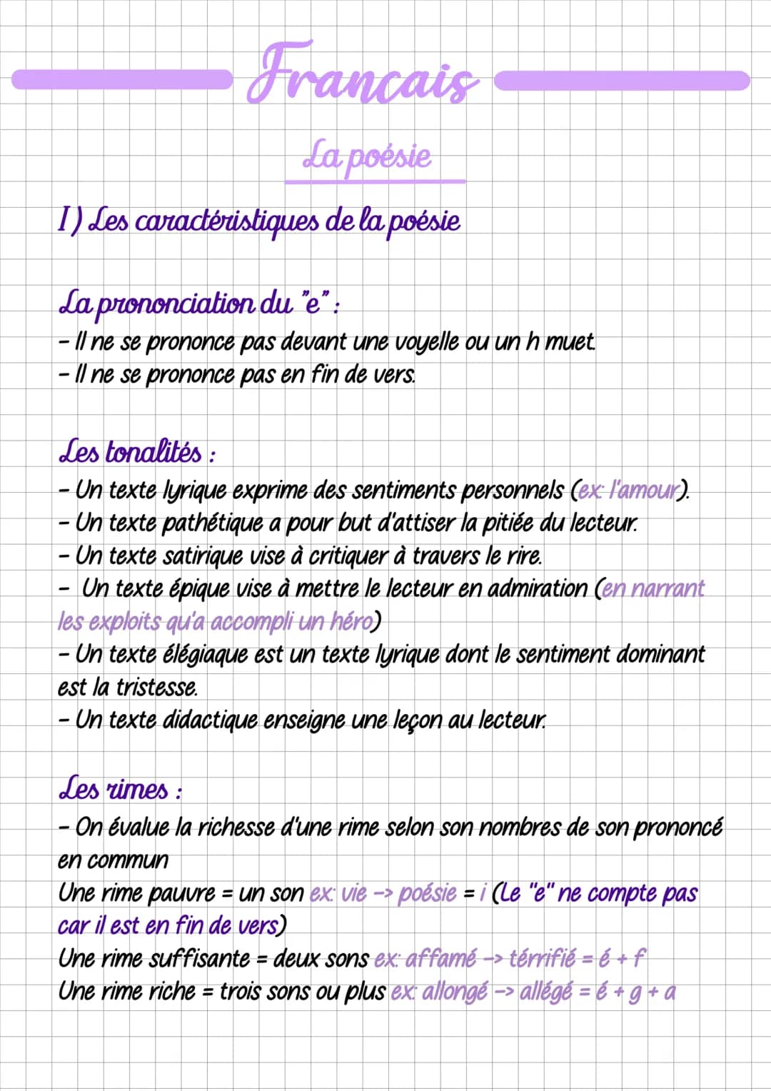 Francais
La poésie
1) Les caractéristiques de la poésie
La prononciation du "e":
- Il ne se prononce pas devant une voyelle ou un h muet.
- 