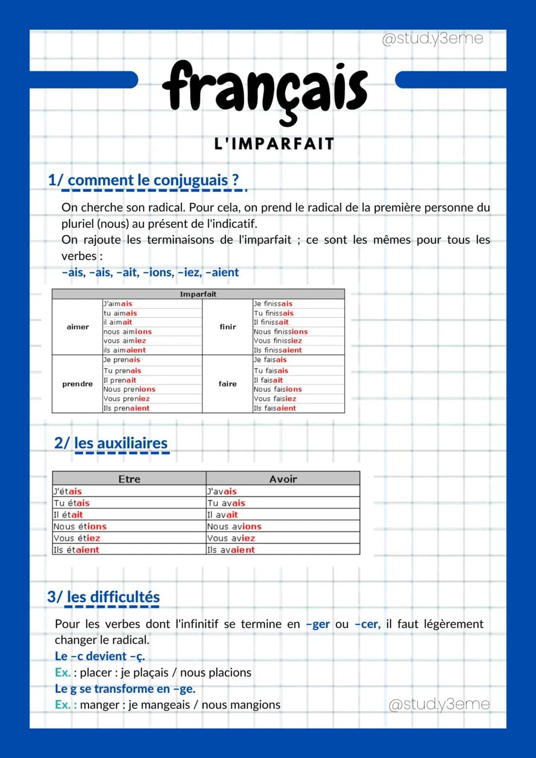 
<p>La première étape pour conjuguer un verbe à l'imparfait est de chercher son radical. Pour cela, on prend le radical de la première perso