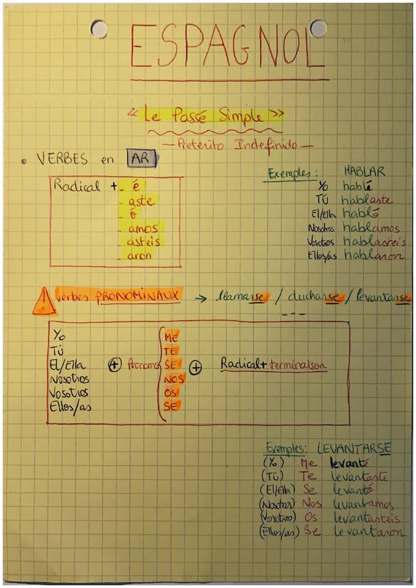 ESPAGNOL
Verbes en
AR
Le Présent de
Radical du verbe +
l'indicatifs
Indicativo Presente
ser Groupe:
-
0
as
a
amos
als
an
Exemple: HABLAR
Rad