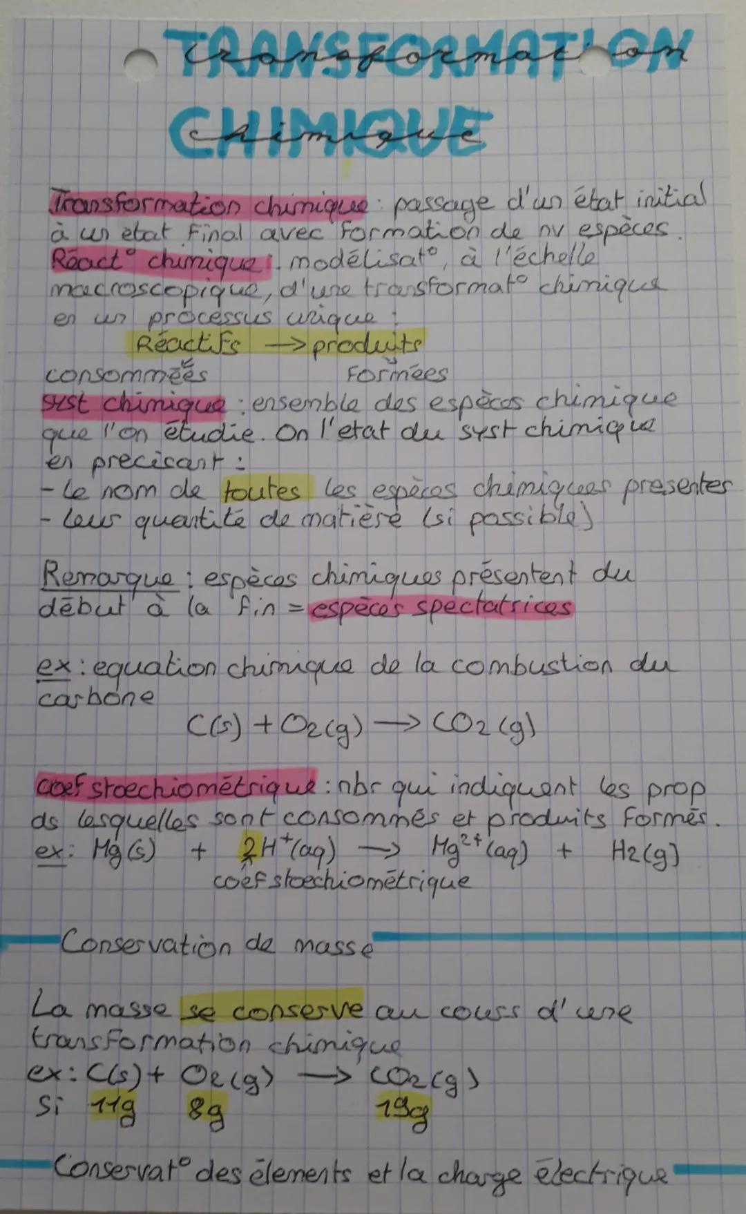 TRANSFORMATION
CHIMIQUE
Transformation chimique passage d'un état initial
à ur etat Final avec formation de nv espèces.
React chimique. modé