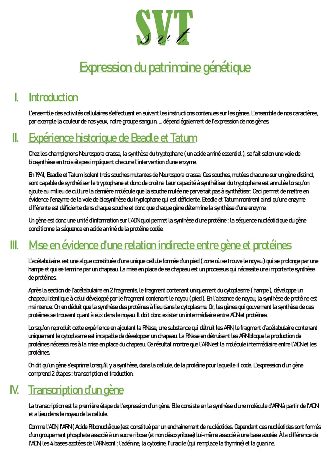 SVT
Expression du patrimoine génétique
I. Introduction
L'ensemble des activités cellulaires s'effectuent en suivant les instructions contenu