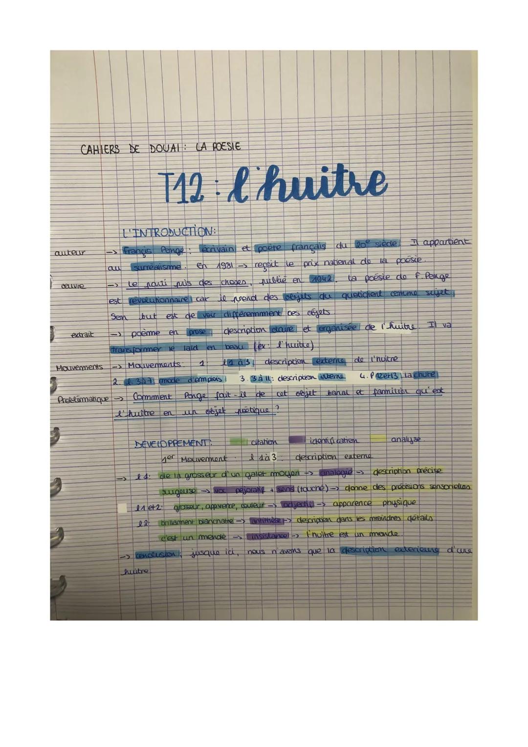 CAHIERS DE DOUAI: LA POESIE

T12: l'huitre

L'INTRODUCTION:

auteur -> Francis Ponge: écrivain et poète français du 20° siède. Il appartient