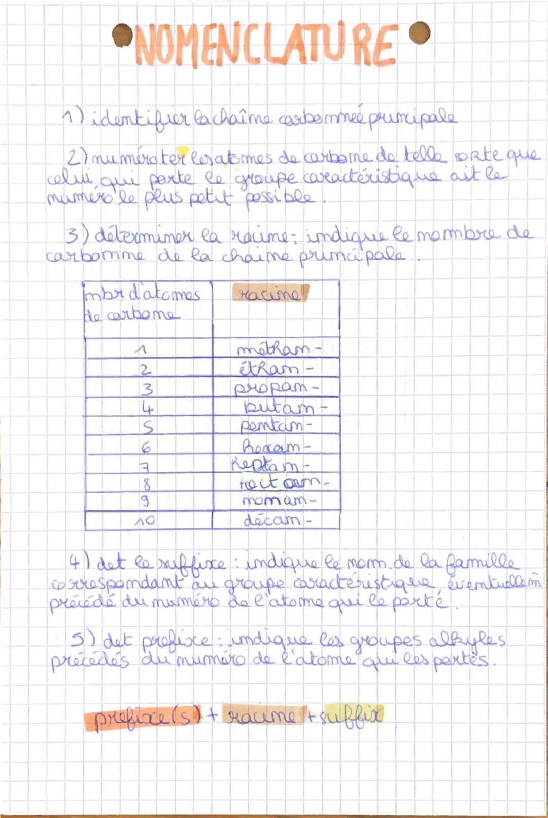 # •NOMENCLATURE

1) identifier la chaîme carbeméé principale.

(2) numéro ter les atomes de carbome de telle orte que
celui qui perte le gro