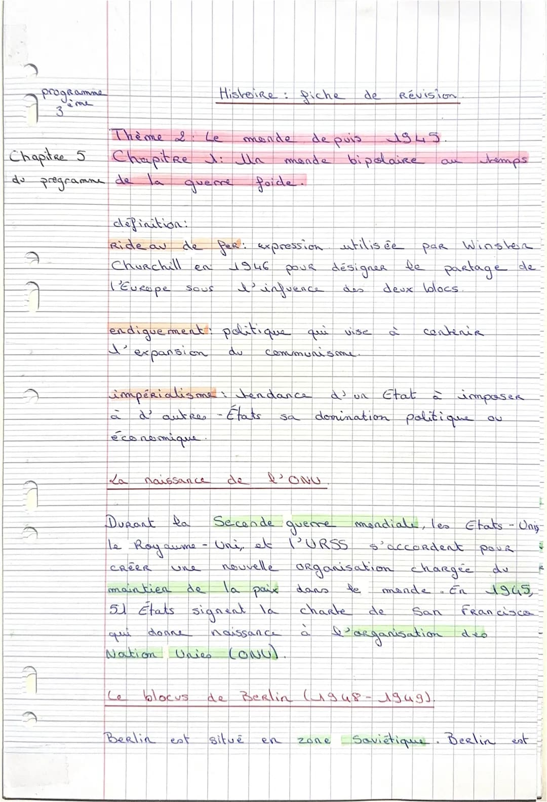 --- OCR Start ---
programme
3
Histoire : fiche de Révision
Thème 2 : Le monde de puis 1945.
Chapitre 5 Chapitre 1: Un monde bipolaire au cha