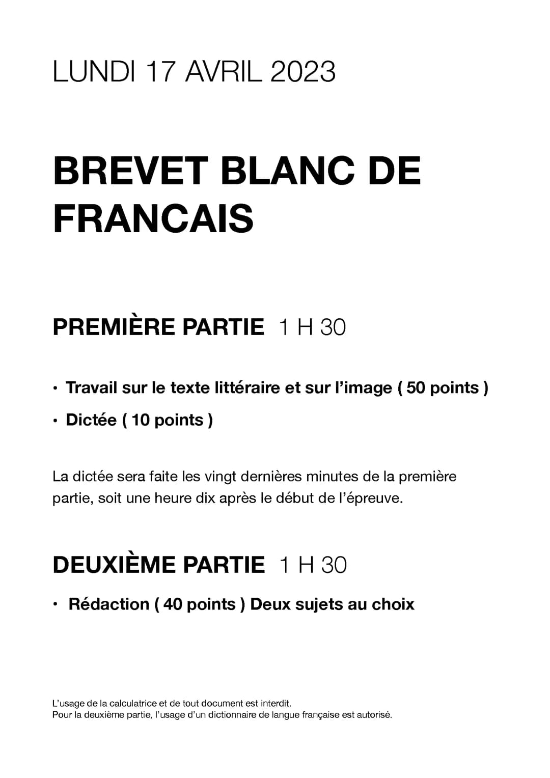 FRANCAIS ENTRAINEMENT BREVET BLANC