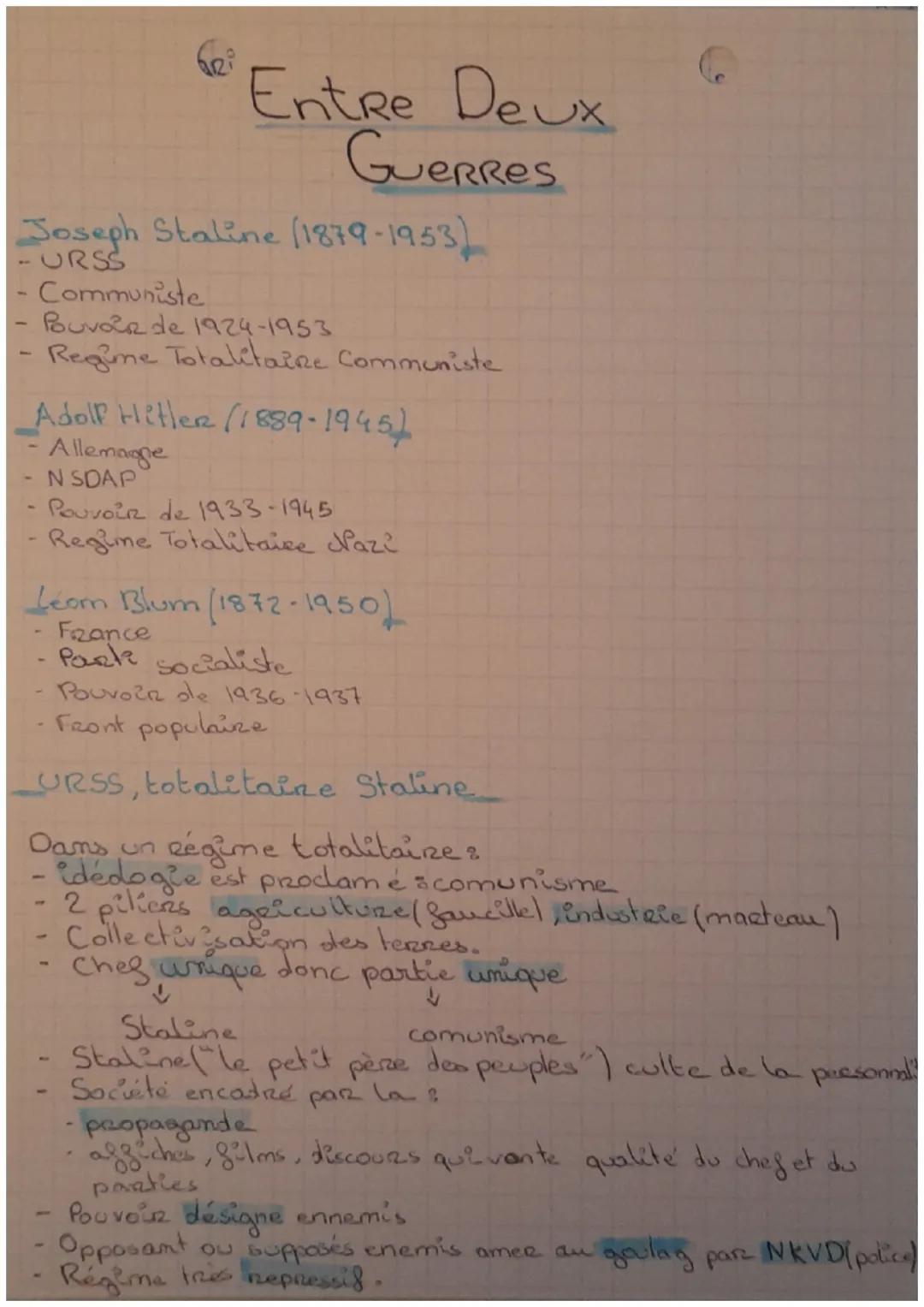 # Entre Deux
Guerres

Joseph Staline (1879-1953)
- URSS
- Communiste
- Pouvoir de 1924-1953
- Regime Totalitaire Communiste

Adolf Hitler (1
