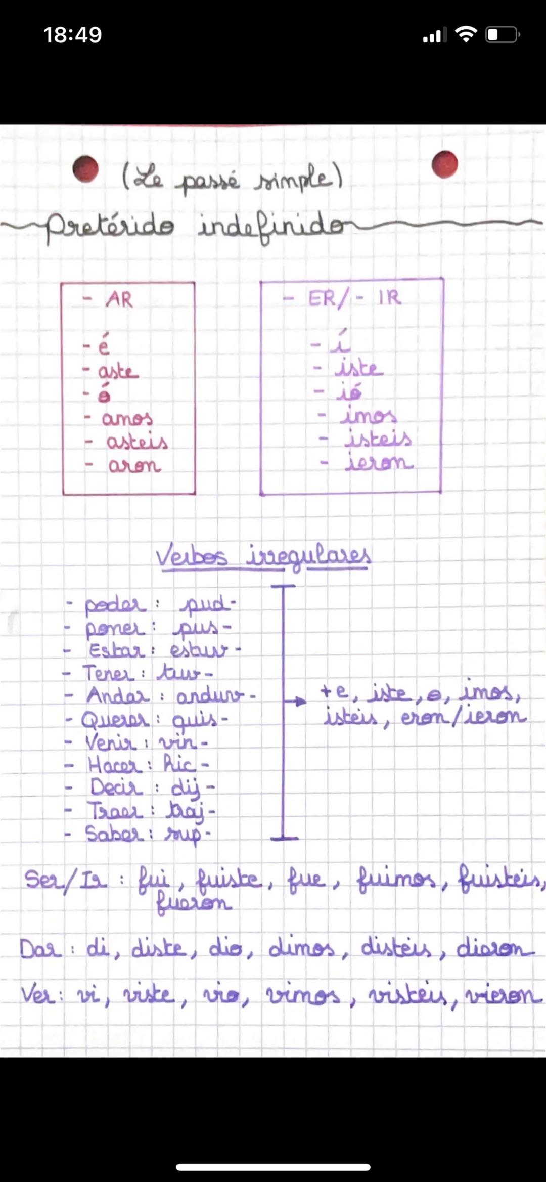 18:49

(Le passé simple)
Pretérido indefinidor

- AR

- é
- aste
- ó
- amos
- asteis
- aron

- ER/- IR

- í
- iste
- ió
- imos
- isteis
- ie