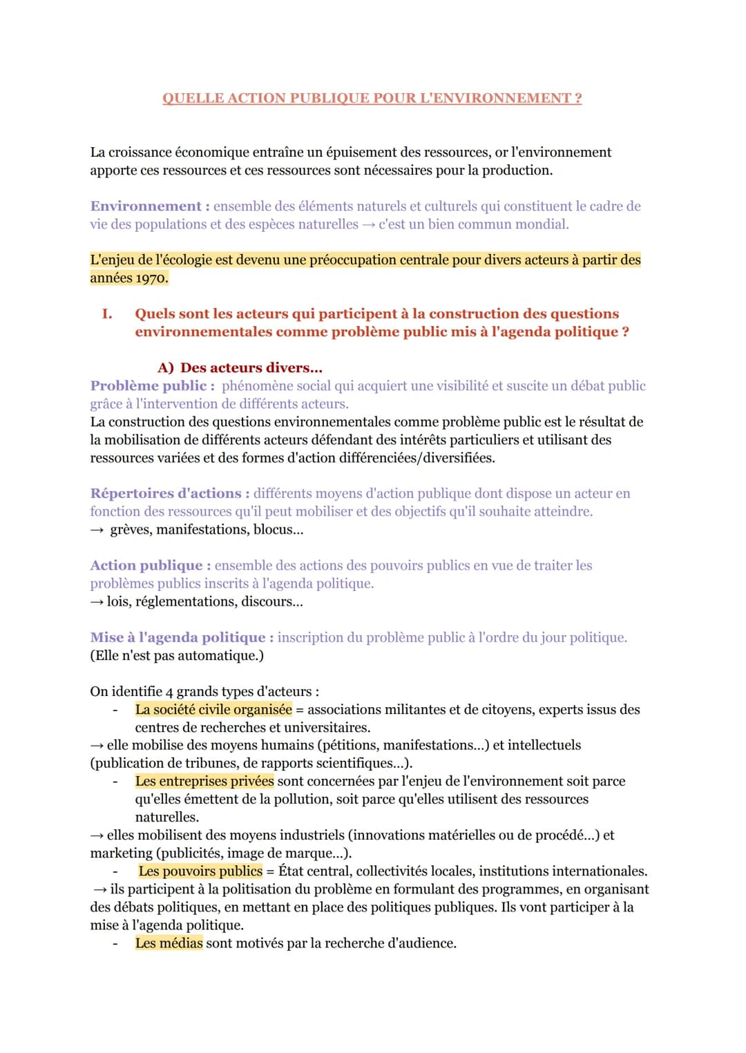 QUELLE ACTION PUBLIQUE POUR L'ENVIRONNEMENT ?
La croissance économique entraîne un épuisement des ressources, or l'environnement
apporte ces