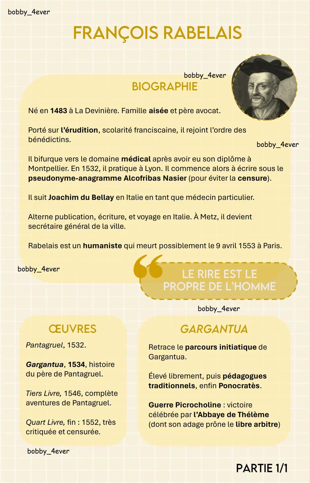 bobby_4ever
FRANÇOIS RABELAIS
bobby_4ever
BIOGRAPHIE
Né en 1483 à La Devinière. Famille aisée et père avocat.
Porté sur l'érudition, scolari