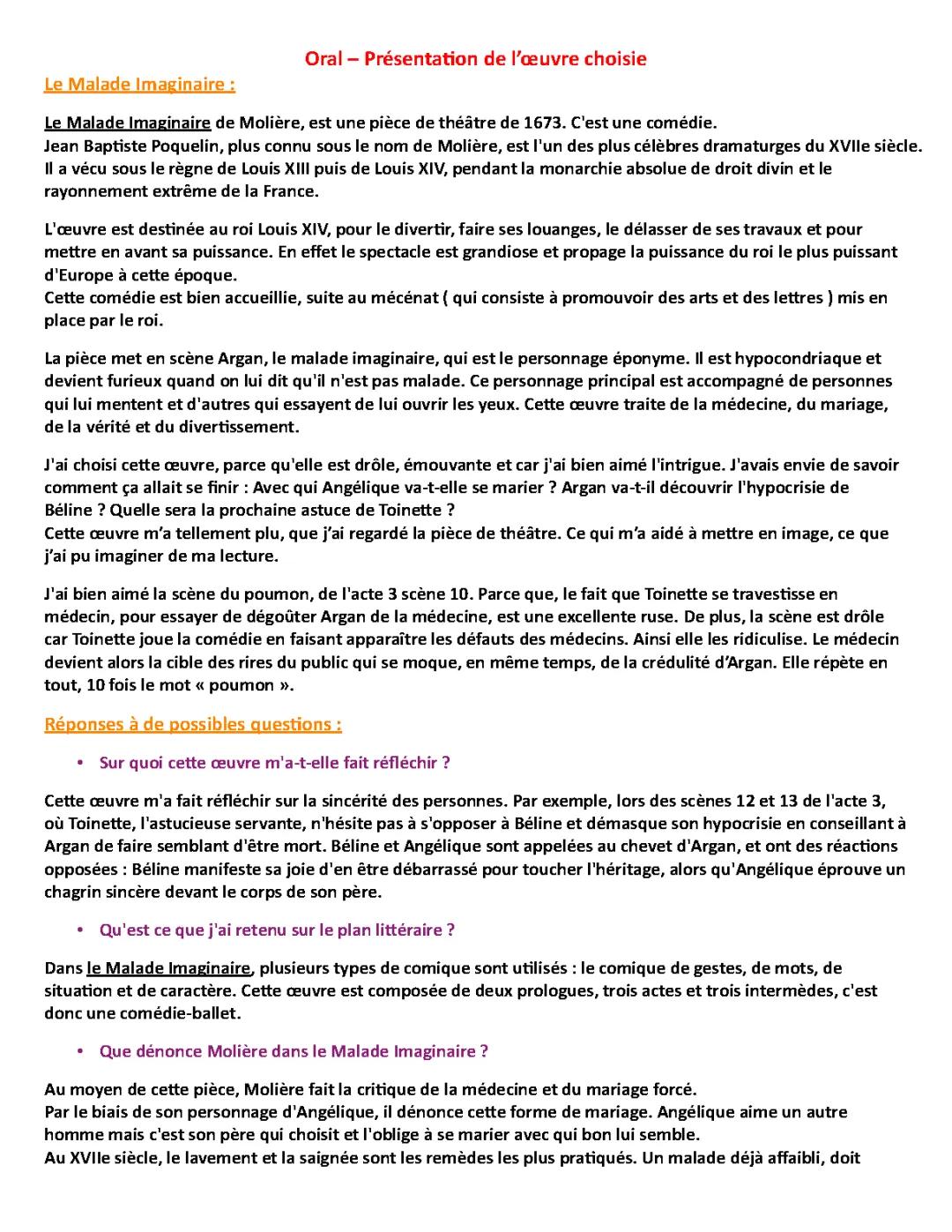 Le Malade Imaginaire : Présentation et Analyse