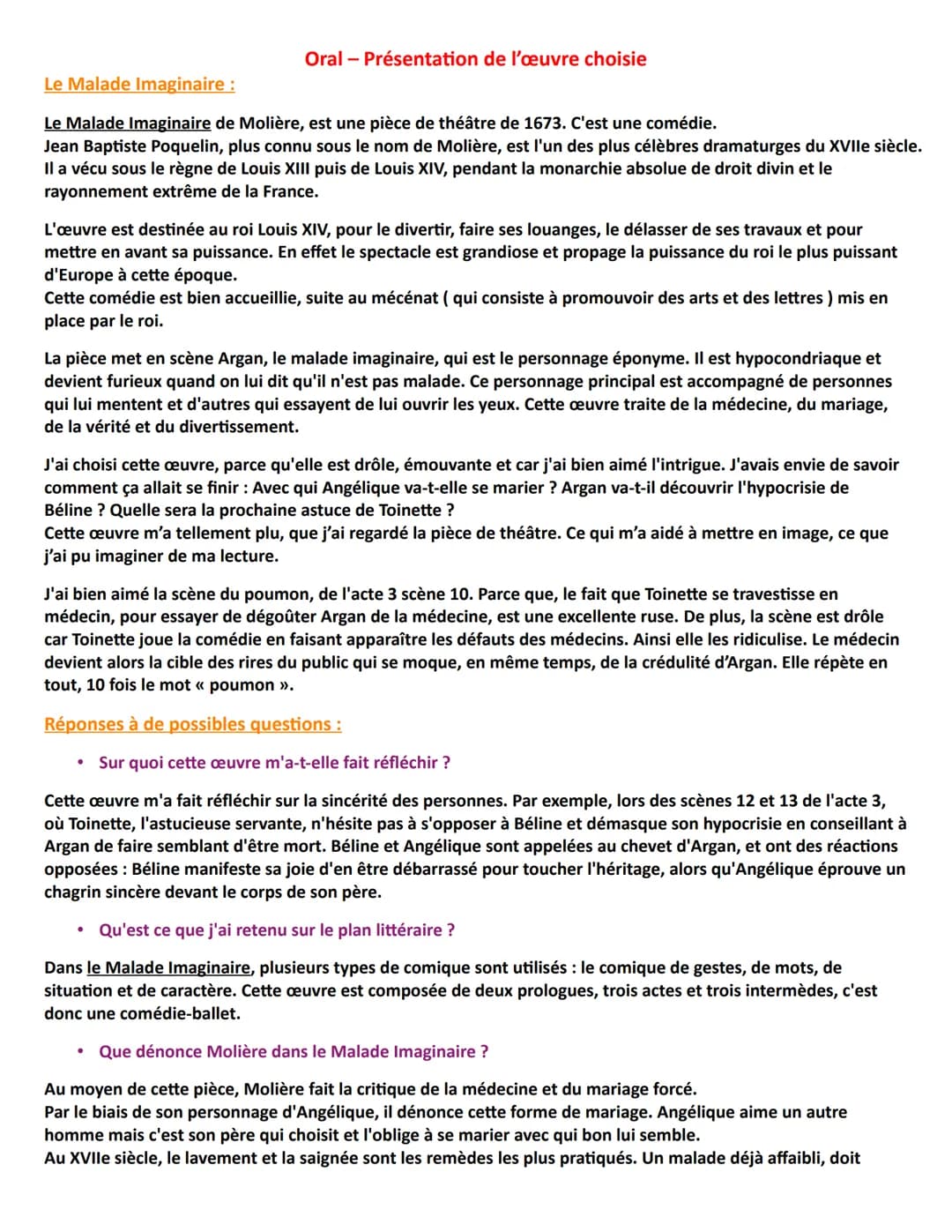 survivre à ces soins. De plus, lorsque Molière décide de travestir Toinette en médecin, il dénonce toute
l'absurdité du corps de la médecine
