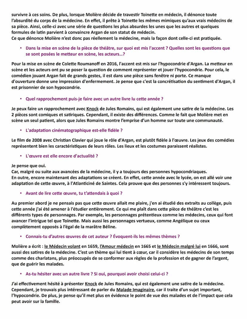 survivre à ces soins. De plus, lorsque Molière décide de travestir Toinette en médecin, il dénonce toute
l'absurdité du corps de la médecine