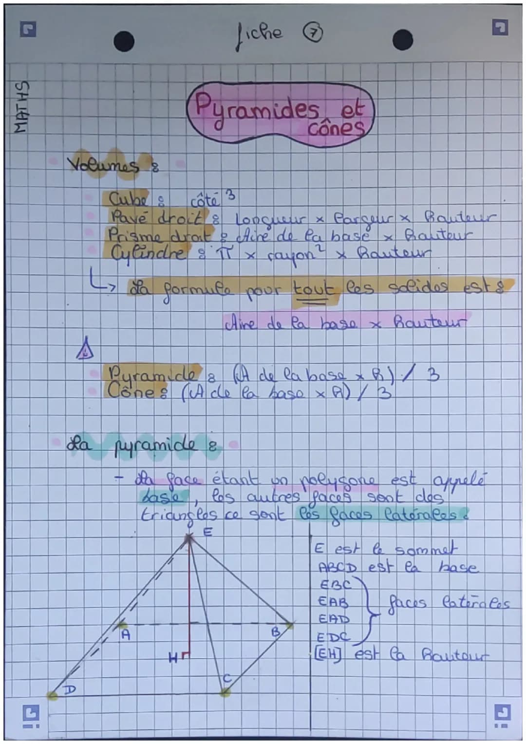 L
MATHS
fiche
Pyramides et
Cones
Volumes &
Cube
côté 3
Pavé droit & Longueur x Pargeur x Bauteur
Prisme droit & Aire de
Pa
base x hauteur
Cy