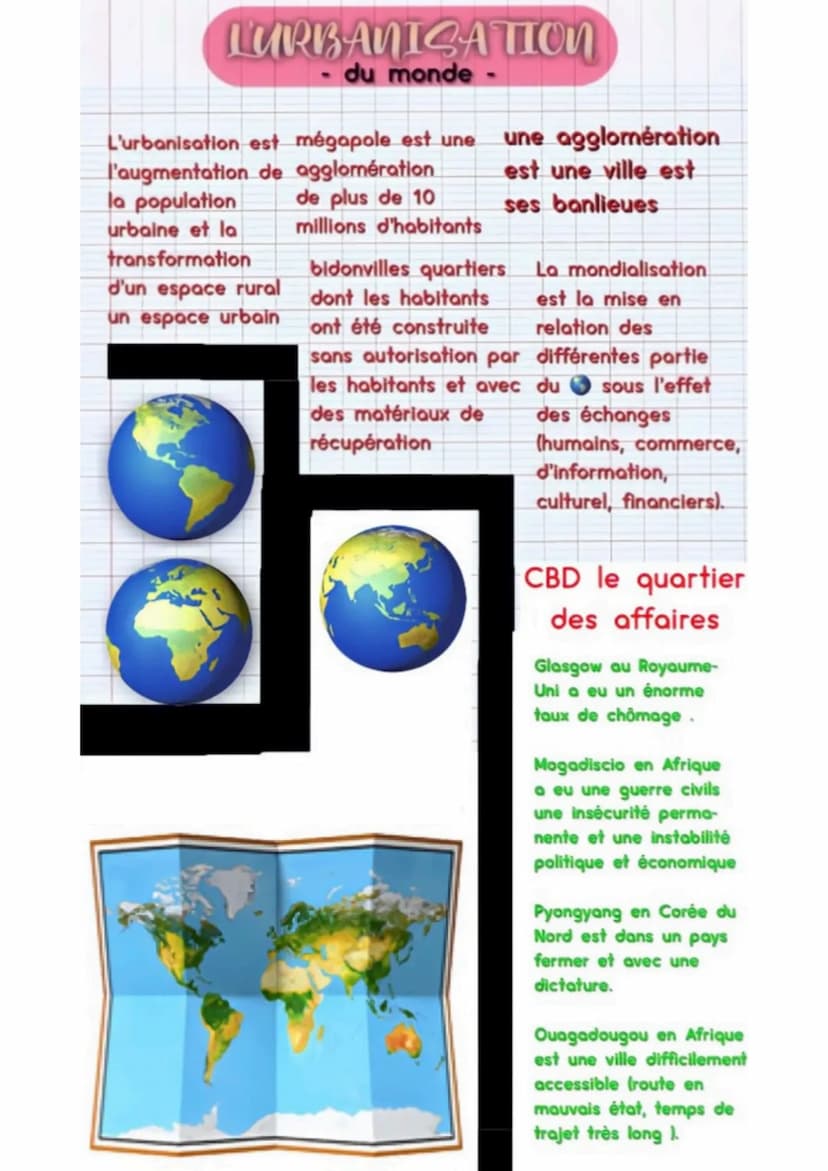 HISTOIRE-GÉOGRAPHIS
Purbanisation du monde
Des métropoles sont
très bien connectées
aux réseaux de la
mondialisation et on
une influence mon