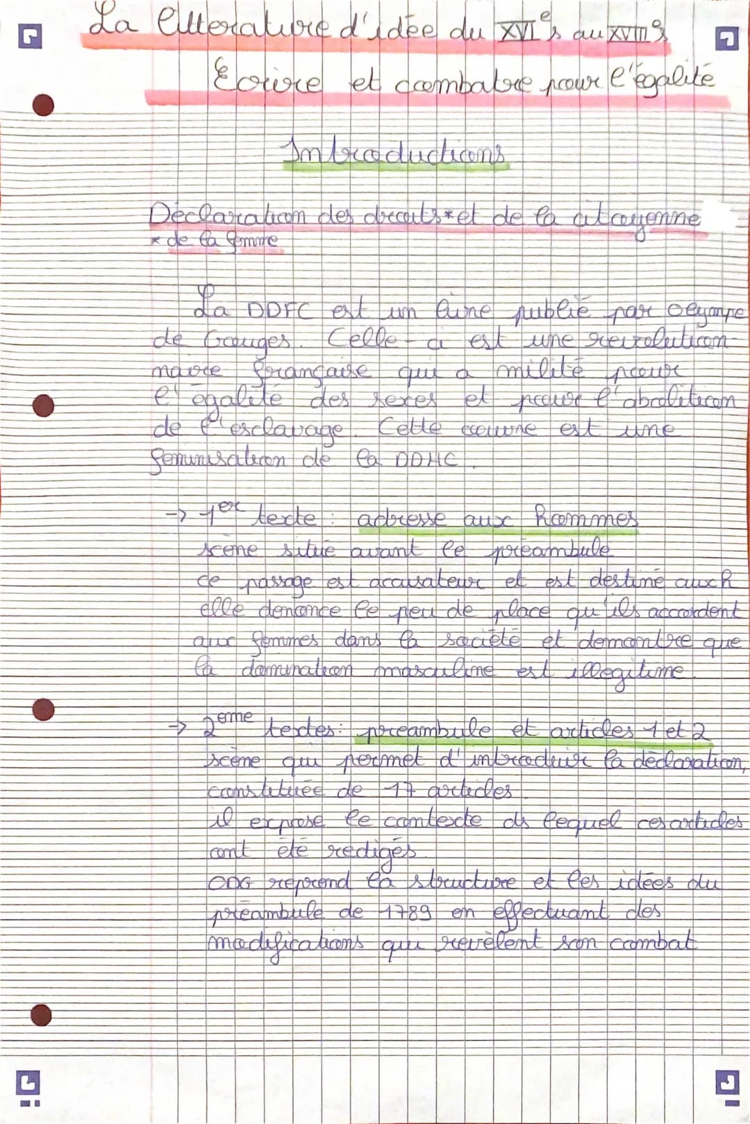 Fiche de lecture Déclaration des droits de la femme et de la citoyenne et Supplément au voyage de Bougainville