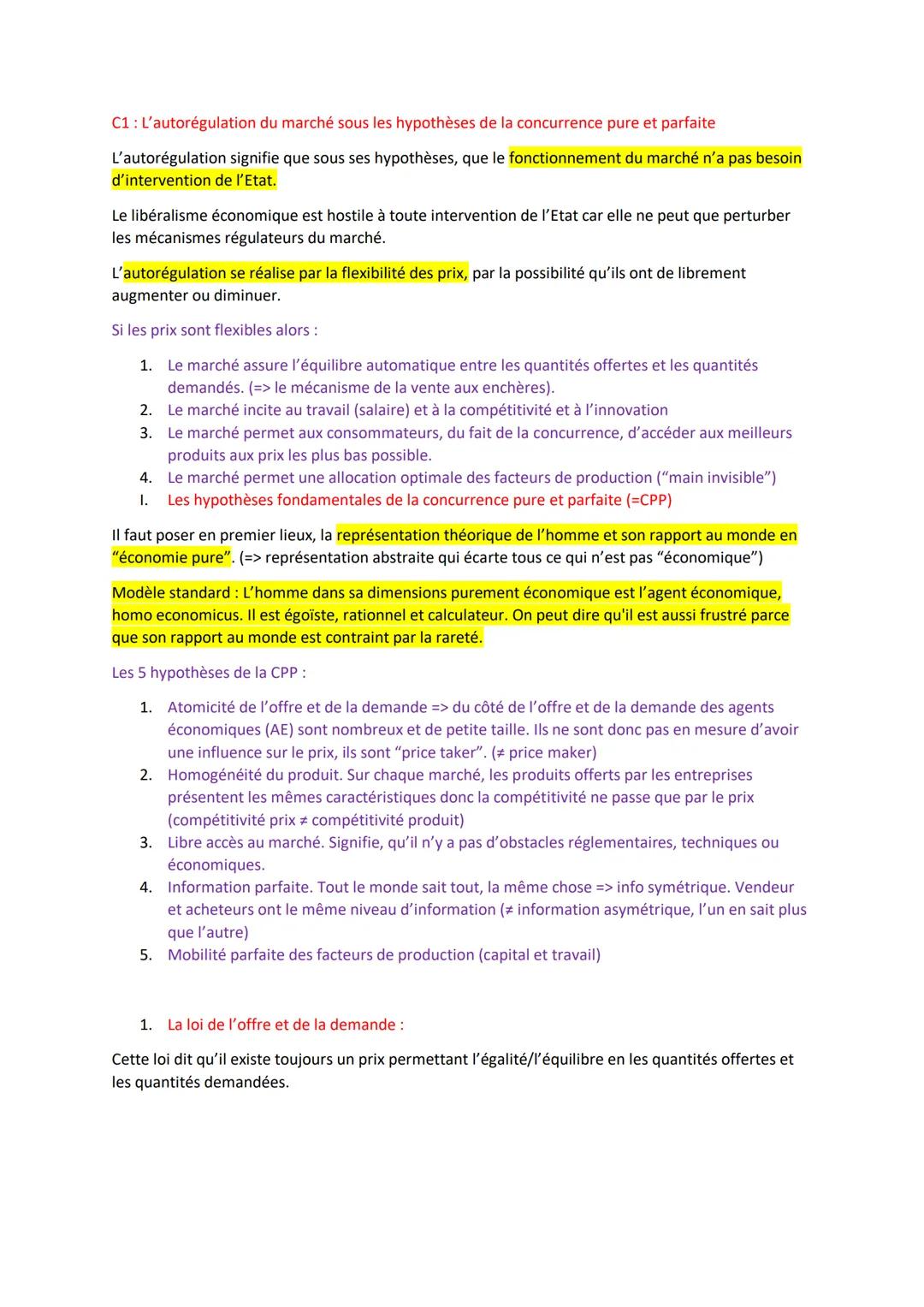 C1: L'autorégulation du marché sous les hypothèses de la concurrence pure et parfaite
L'autorégulation signifie que sous ses hypothèses, que