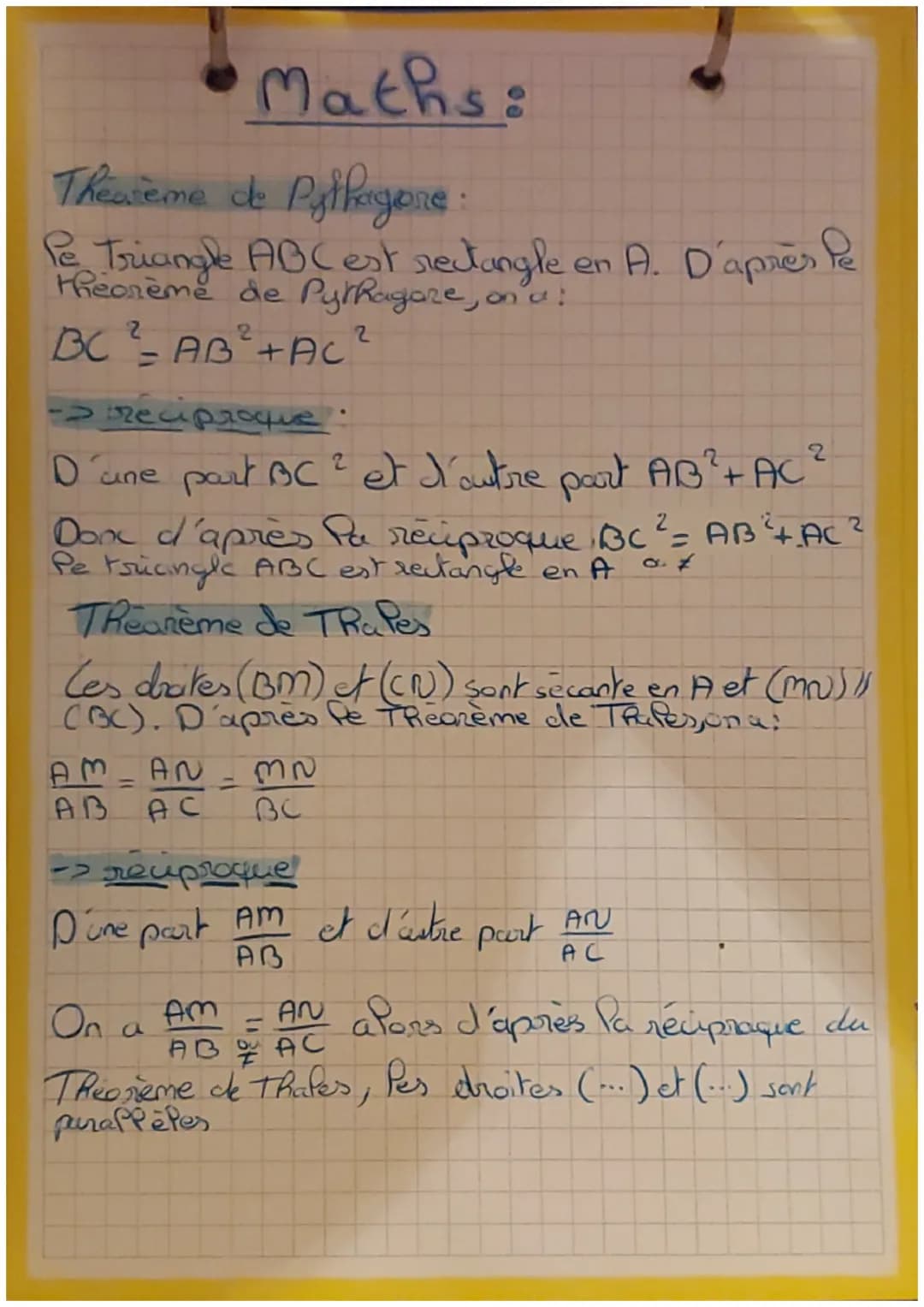 Theateme de Pythagore:
Pe Triangle ABC est rectangle en A. D'après le
theoreme de Pythagare, on a:
2
2
2
BC²=AB²+AC
Maths:
-> reciproque:
2
