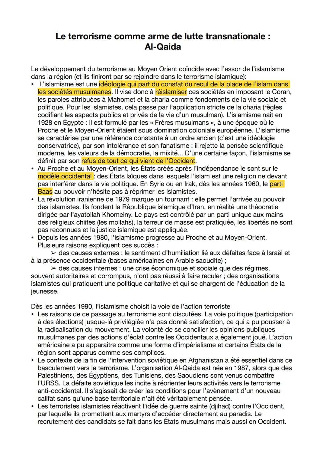 Le développement du terrorisme au Moyen Orient coïncide avec l'essor de l'islamisme
dans la région (et ils finiront par se rejoindre dans le