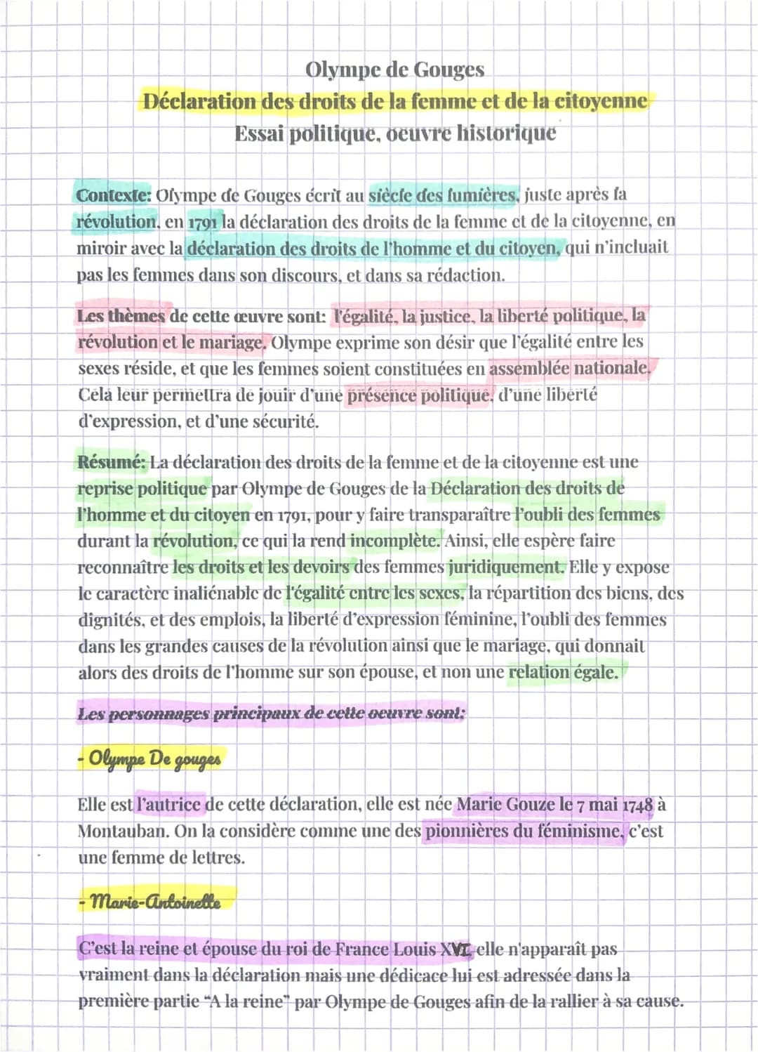 Olympe de Gouges
Déclaration des droits de la femme et de la citoyenne
Essai politique, oeuvre historique
Contexte: Olympe de Gouges écrit a