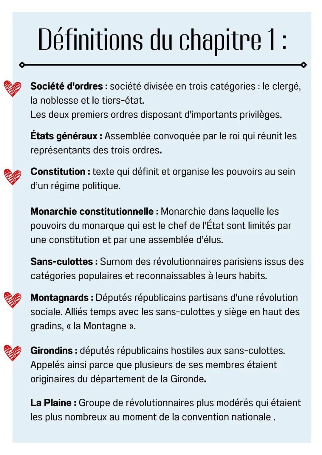 Définitions du chapitre 1 :
Société d'ordres : société divisée en trois catégories : le clergé,
la noblesse et le tiers-état.
Les deux premi