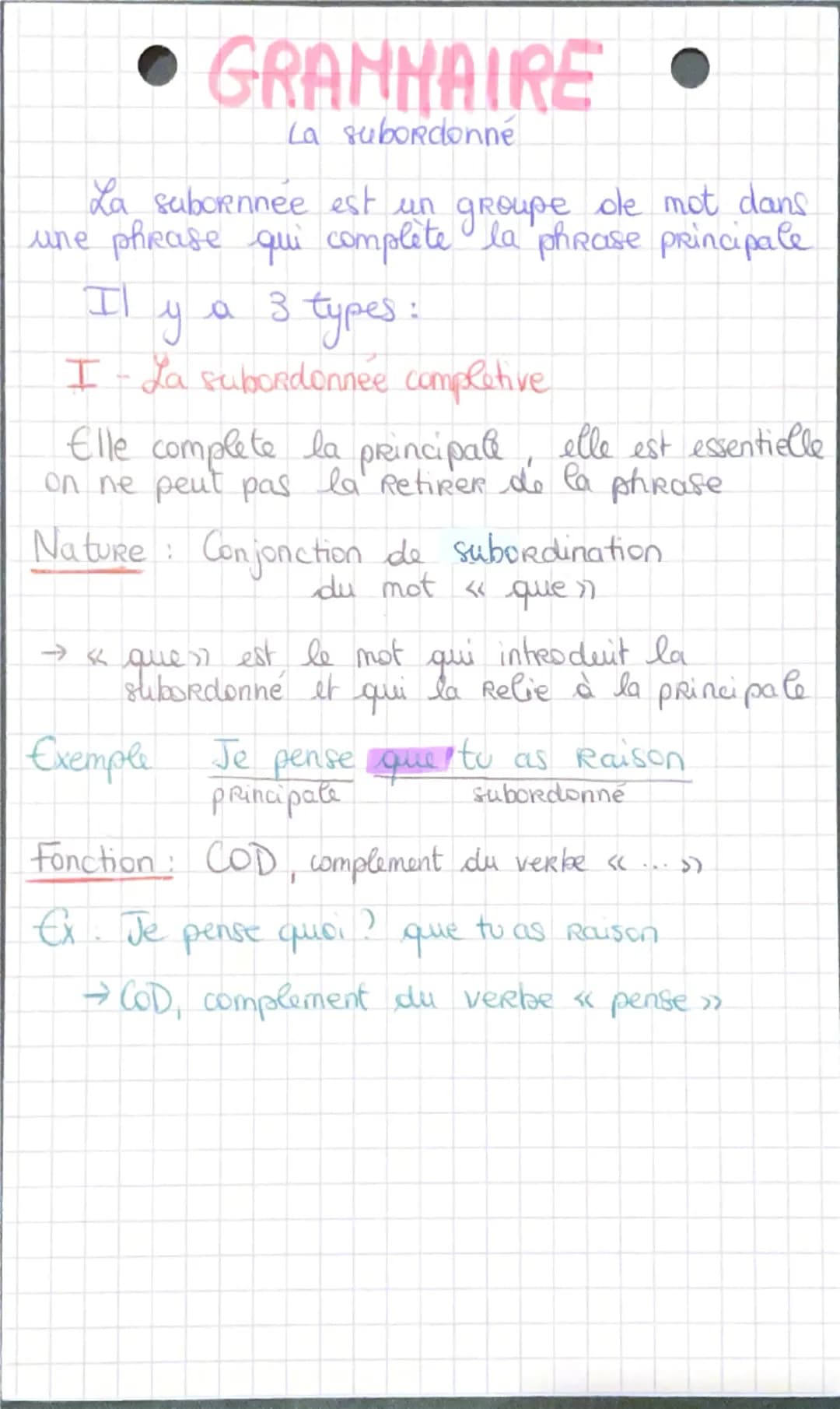 • GRANHAIRE •
La subordonné
La subornnée est un groupe de mot dans
une phrase qui complète la phrase principale
I
y
a 3
types:
I - La subord