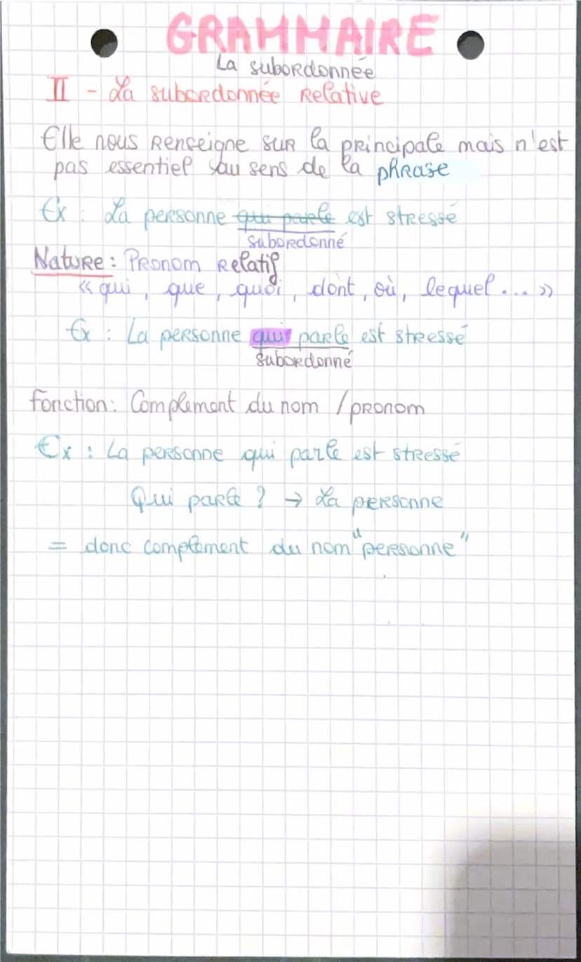 • GRANHAIRE •
La subordonné
La subornnée est un groupe de mot dans
une phrase qui complète la phrase principale
I
y
a 3
types:
I - La subord