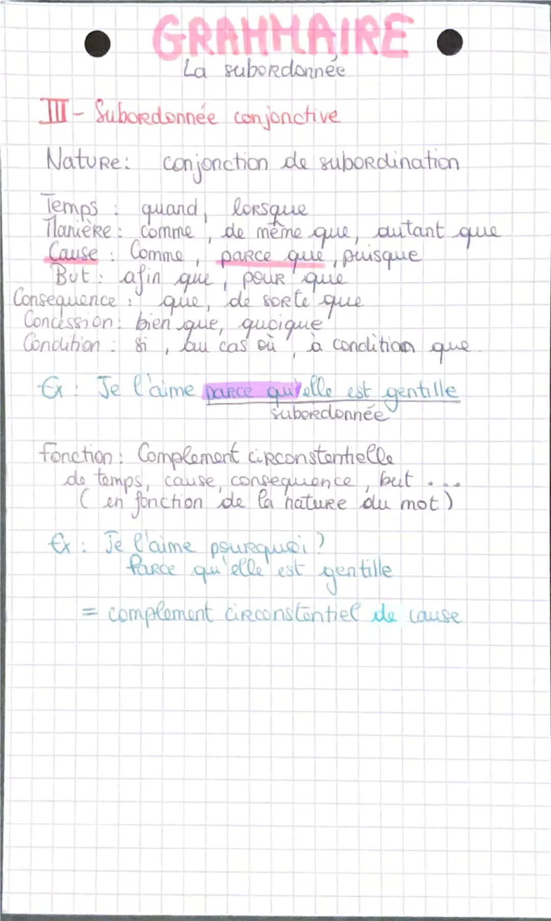 • GRANHAIRE •
La subordonné
La subornnée est un groupe de mot dans
une phrase qui complète la phrase principale
I
y
a 3
types:
I - La subord