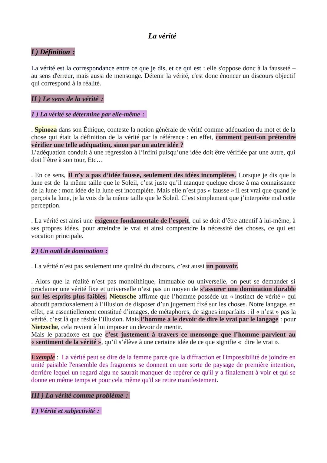 La vérité
I) Définition
La vérité est la correspondance entre ce que je dis, et ce qui est : elle s'oppose donc à la fausseté -
au sens d'er