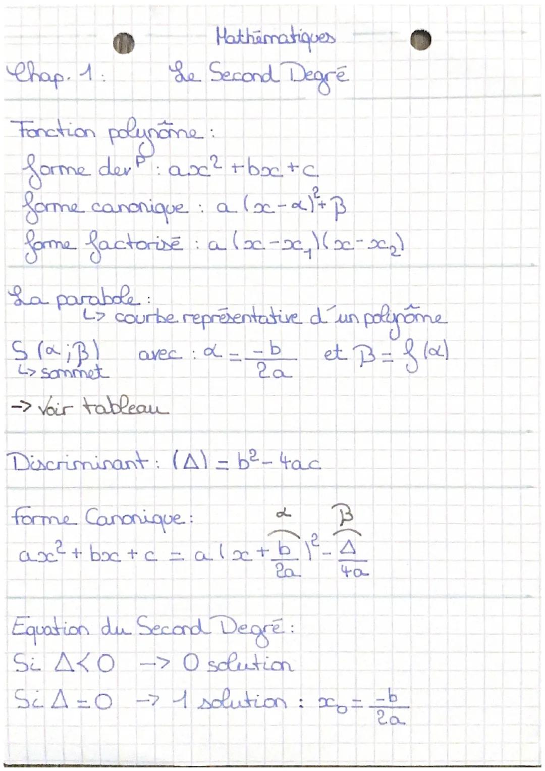 Hathématiques

Chap. 1: Le Second Degré

Fonction polynome:
forme der: $ax^2 + bx + c$
forme canonique: $a (x-\alpha)^2+\beta$
forme factori