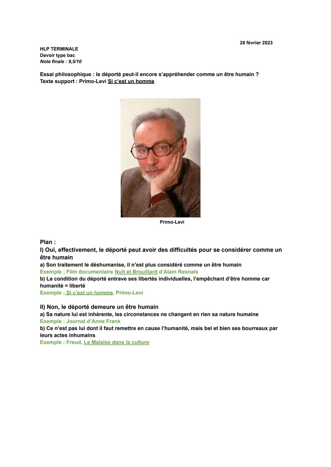 HLP TERMINALE
Devoir type bac
Note finale : 9,5/10
28 février 2023
Essai philosophique : le déporté peut-il encore s'appréhender comme un êt