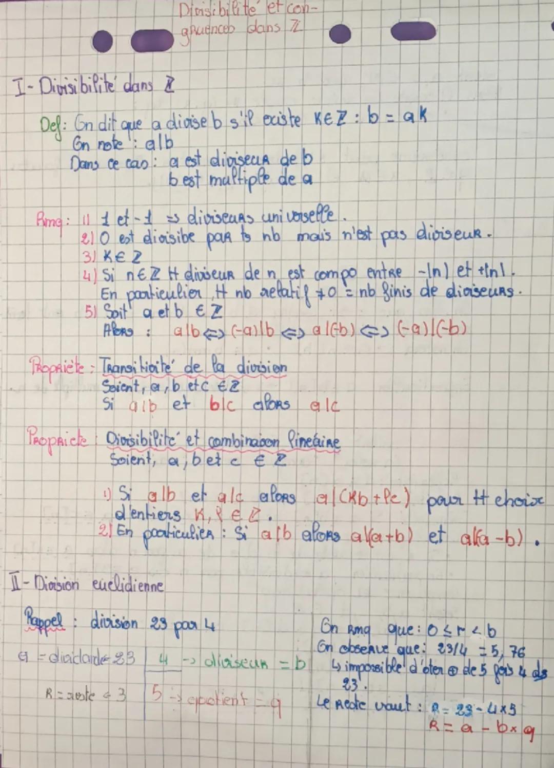I-Divisibilite dans
Divisibilité et con-
gruences dans 72

Def: On dit que a divise b s'il existe KEZ: b = ak
On note: alb
Dans ce cas: a es