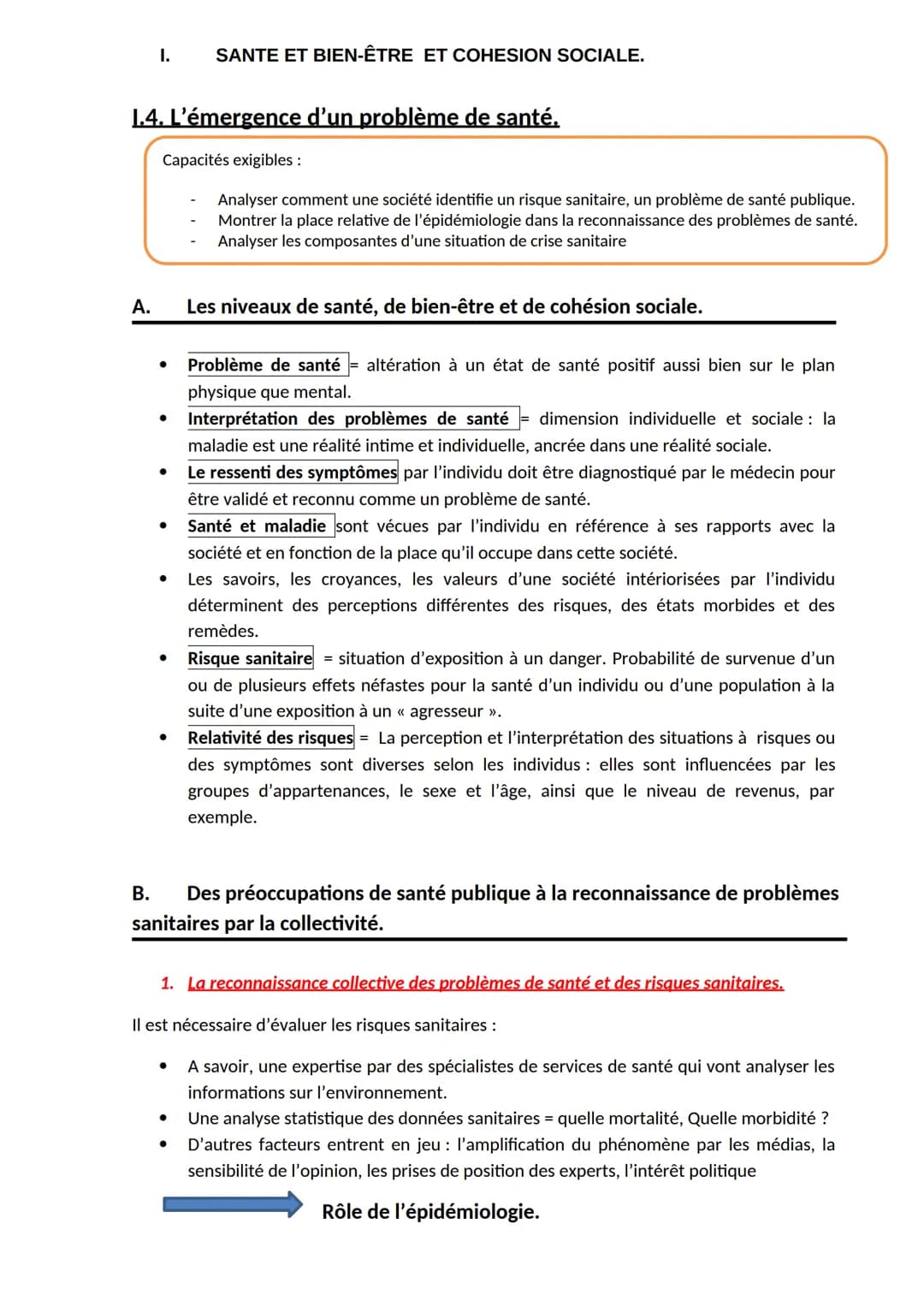 I.
A.
1.4. L'émergence d'un problème de santé.
Capacités exigibles :
Analyser comment une société identifie un risque sanitaire, un problème