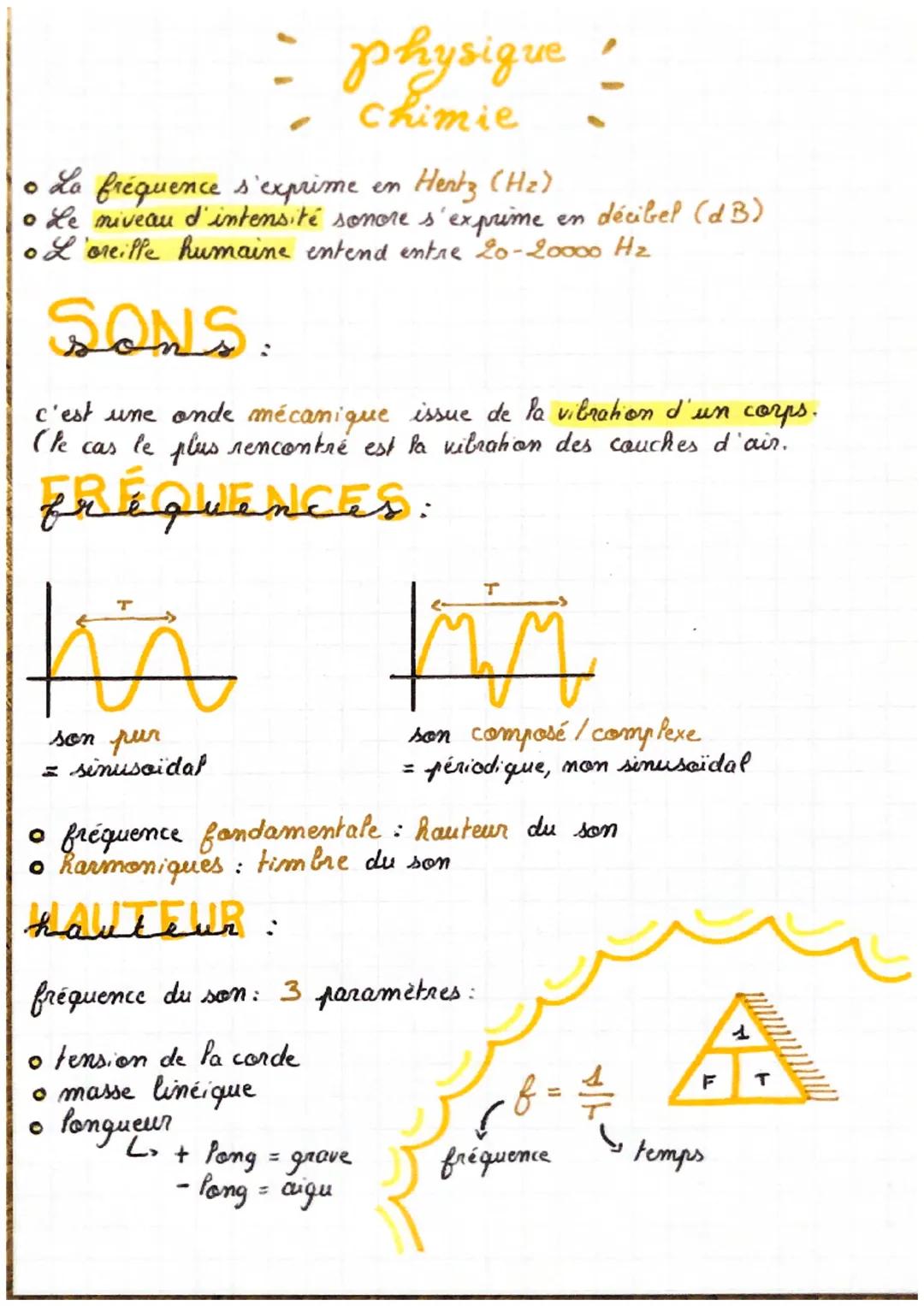 - physique:
• Chimie
• La fréquence s'exprime en Hertz (Hz)
• Le niveau d'intensité sonore s'exprime en décibel (dB)
•L'oreille humaine ente