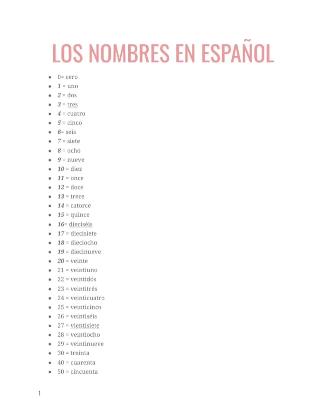 Les nombres en espagnol 1/2