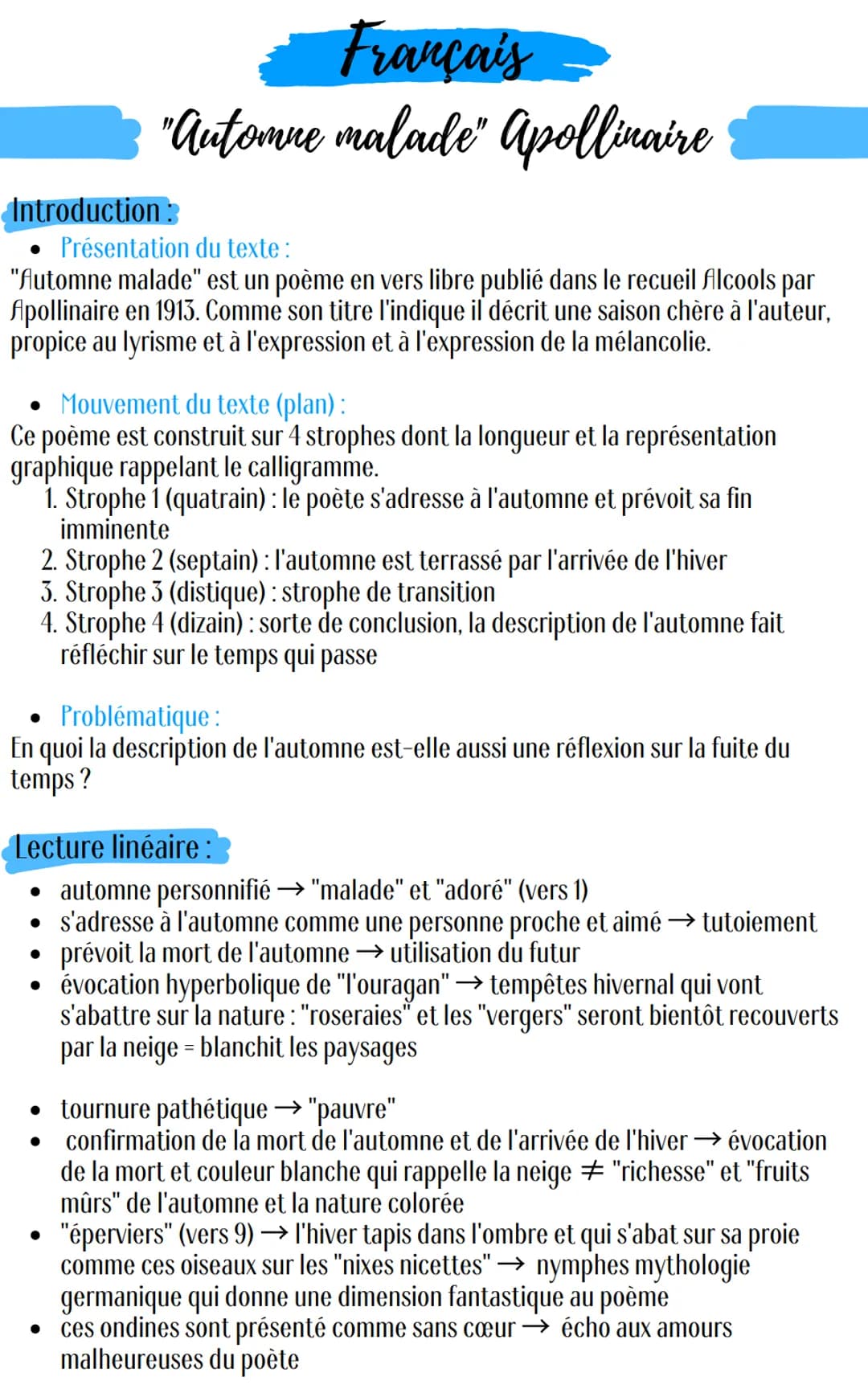 Français
"Automne malade" Apollinaire
Introduction:
Présentation du texte :
"Automne malade" est un poème en vers libre publié dans le recue