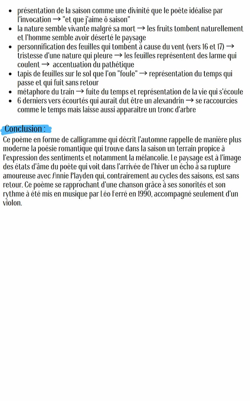 Français
"Automne malade" Apollinaire
Introduction:
Présentation du texte :
"Automne malade" est un poème en vers libre publié dans le recue