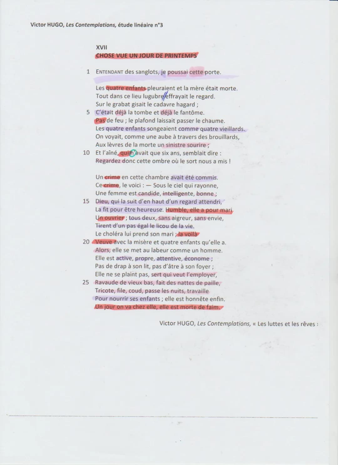 Victor HUGO, Les Contemplations, étude linéaire n°3
XVII
CHOSE VUE UN JOUR DE PRINTEMPS
1 ENTENDANT des sanglots, je poussai cette porte.
Le