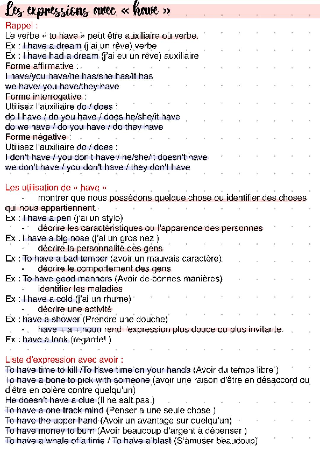 Expressions avec le verbe avoir et to have en anglais - PDF et exercices faciles