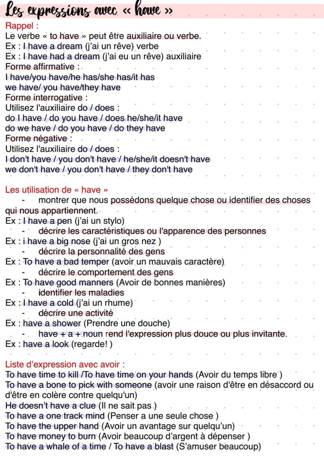 Les expressions avec «< have »
Rappel :
Le verbe « to have » peut être auxiliaire où verbe.
Ex: I have a dream (j'ai un rêve) verbe
Ex: I ha