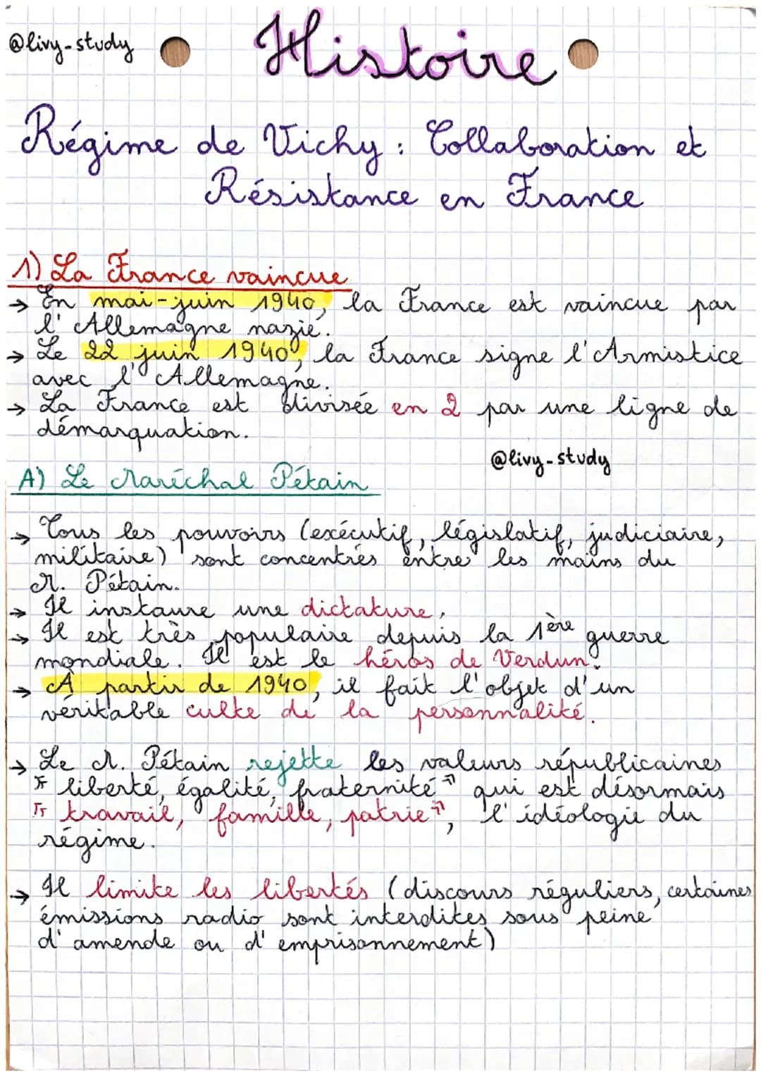 @liny-study • Histoire
Régime de Vichy: Collaboration et
Résistance
France
1) La France vaincue
→ on mai-juin 1940, la France est vaincue pa