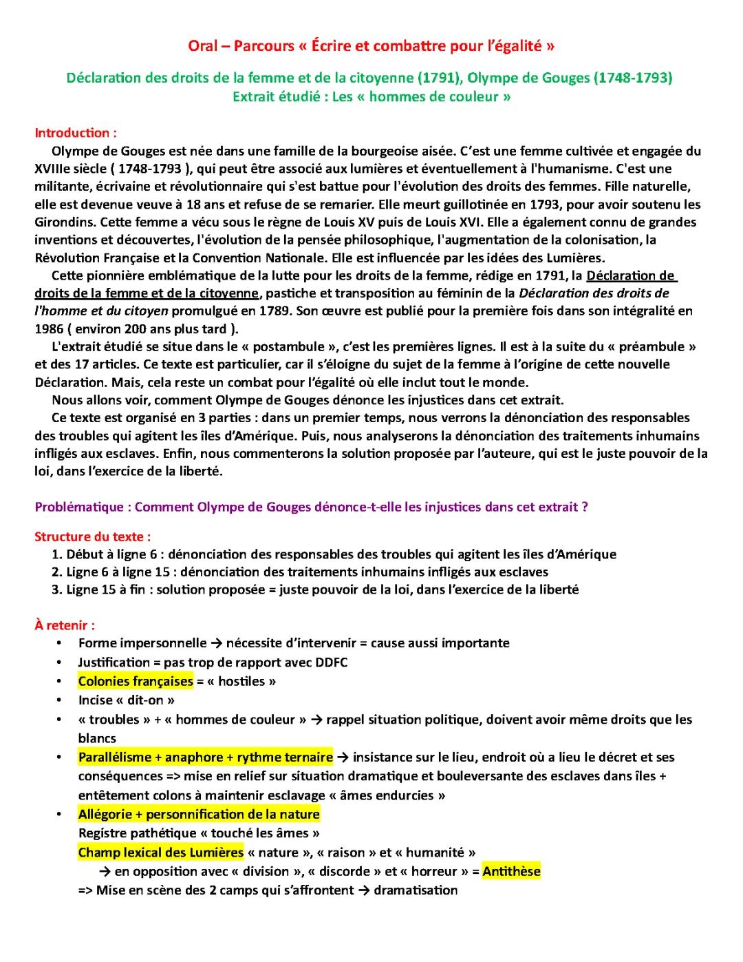 Analyse Linéaire du Postambule d'Olympe de Gouges - Hommes de Couleur