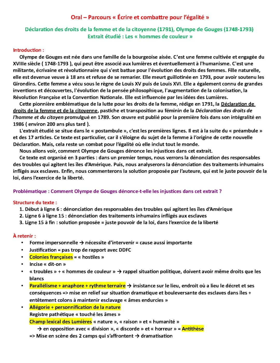 Analyse Linéaire du Postambule d'Olympe de Gouges - Hommes de Couleur