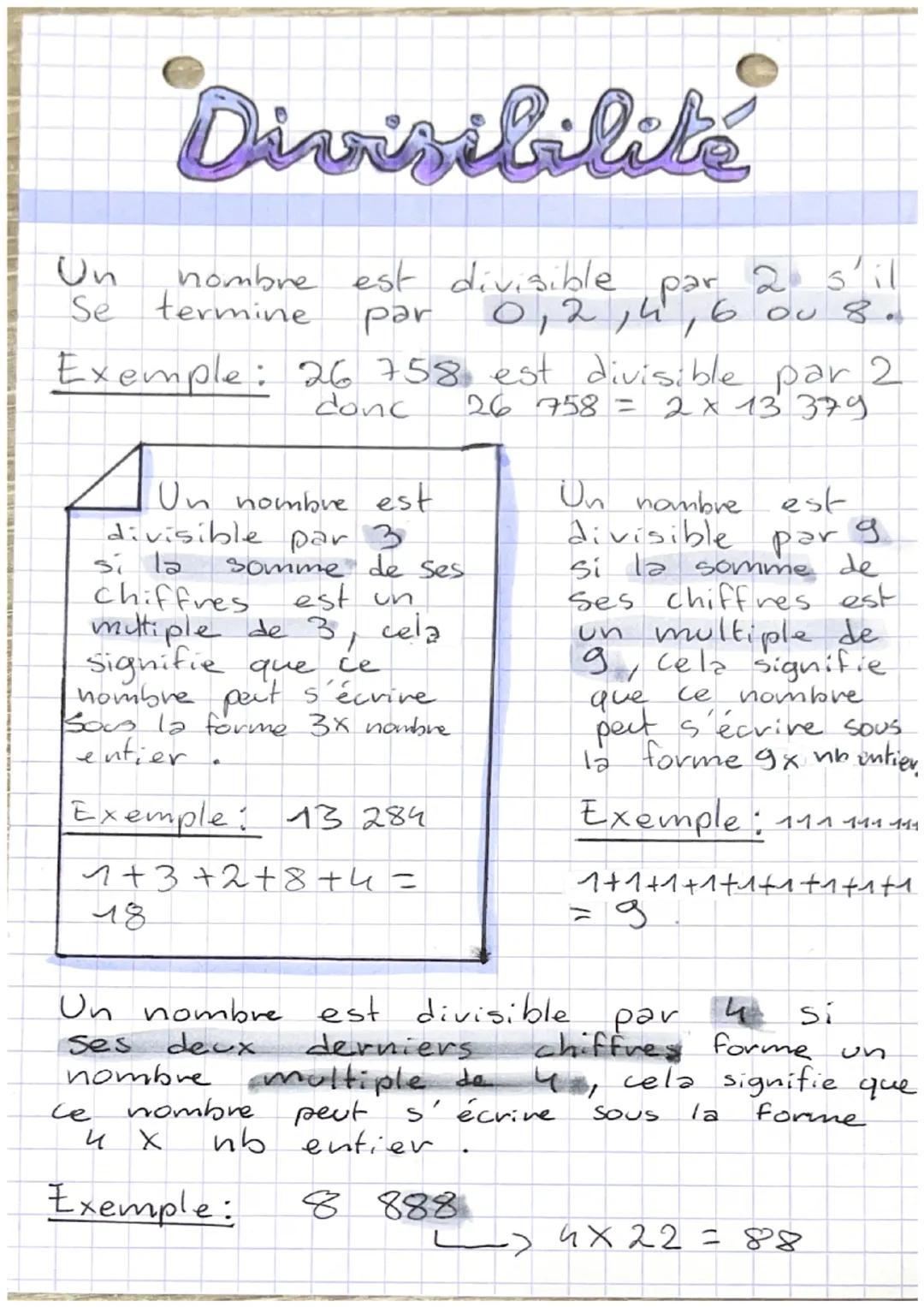 # Divisibilité

Un nombre est divisible par 2 s'il
Se termine par 0,2,4,6 ou 8.
Exemple: 26 758 est divisible par 2
donc 26 758 = 2 x 13 379